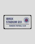 White license plate style magnet displaying Ibrox Stadium G51 with Rangers Football Club and crest on the right.