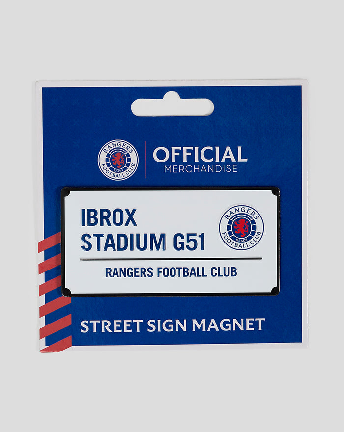 Blue packaging for a street sign magnet with an Ibrox Stadium G51 plate design and Rangers FC logo.