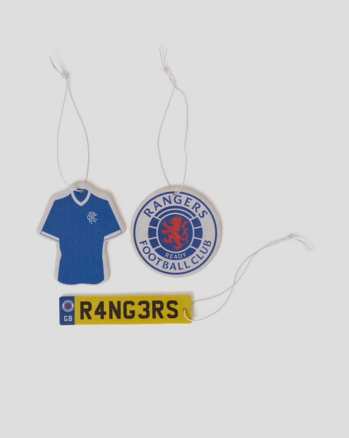 Three Rangers FC air fresheners in blue and white featuring club badges hanging on cords.