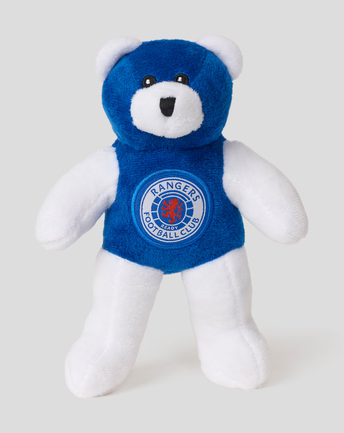 Blue plush bear with white muzzle and limbs featuring a Rangers FC badge on its blue chest.
