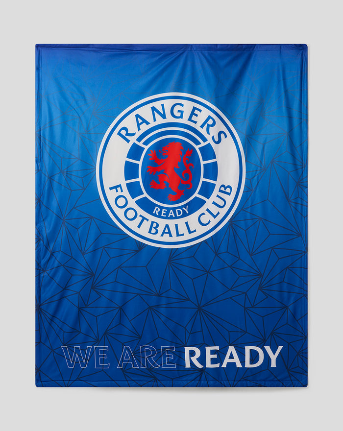 Blue Rangers FC Sherpa plush throw featuring a large circular club crest and the phrase We Are Ready.