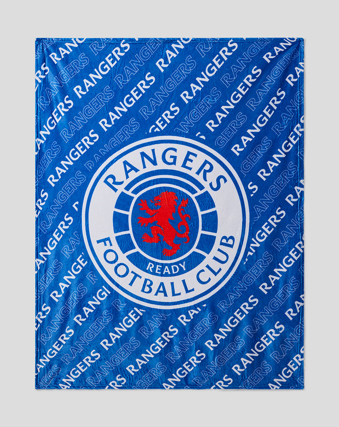 Blue Rangers FC Supreme Slumber throw blanket with diagonal Rangers text pattern and central crest.