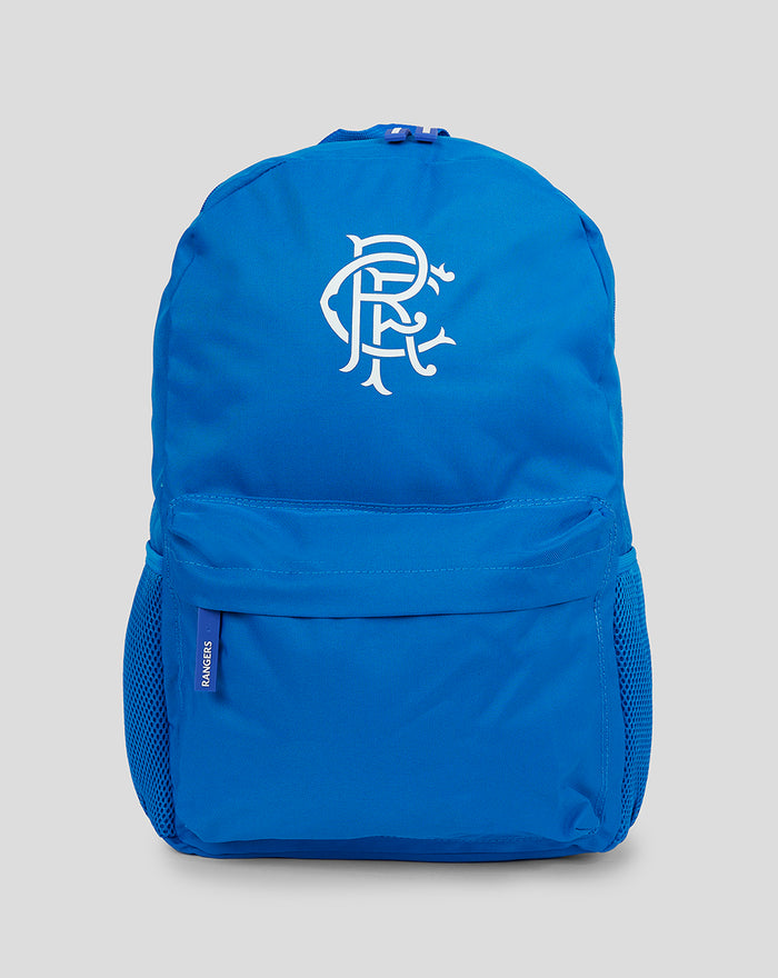 Bright blue Rangers Core Backpack front view with a large white logo and front zip pocket