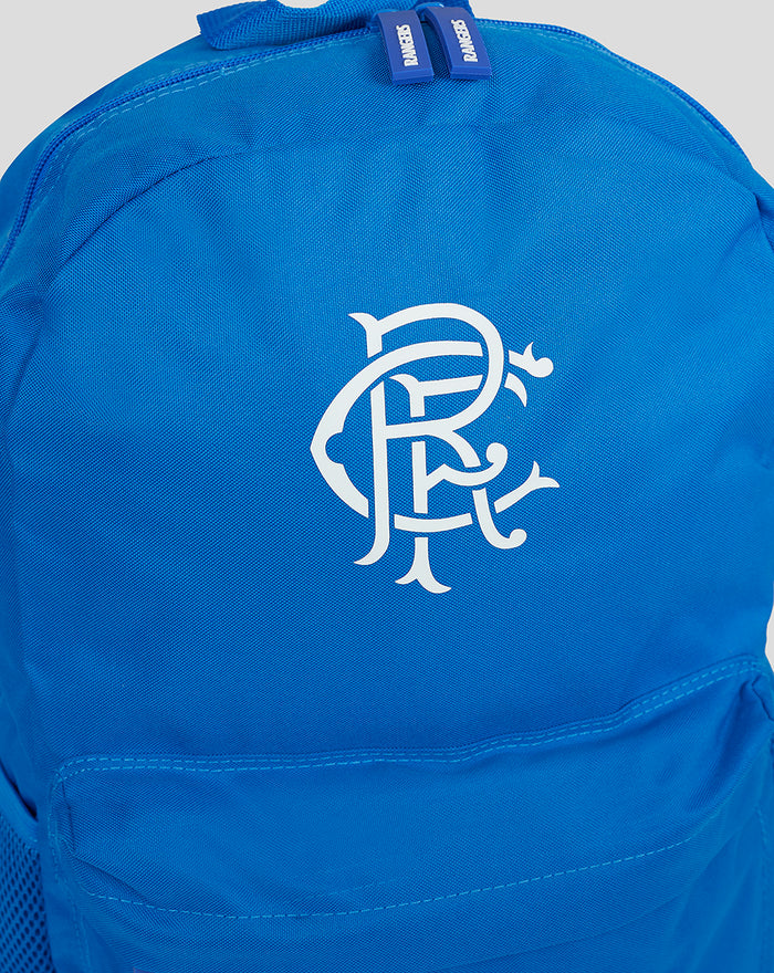 Close-up of blue Rangers Core Backpack front panel with the bold white logo and top zipper pulls