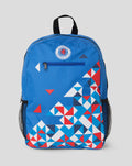 Blue Rangers FC particle backpack with geometric triangle pattern and side mesh pocket
