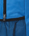 Blue Rangers FC backpack close up of front zipper pocket over a black mesh pocket