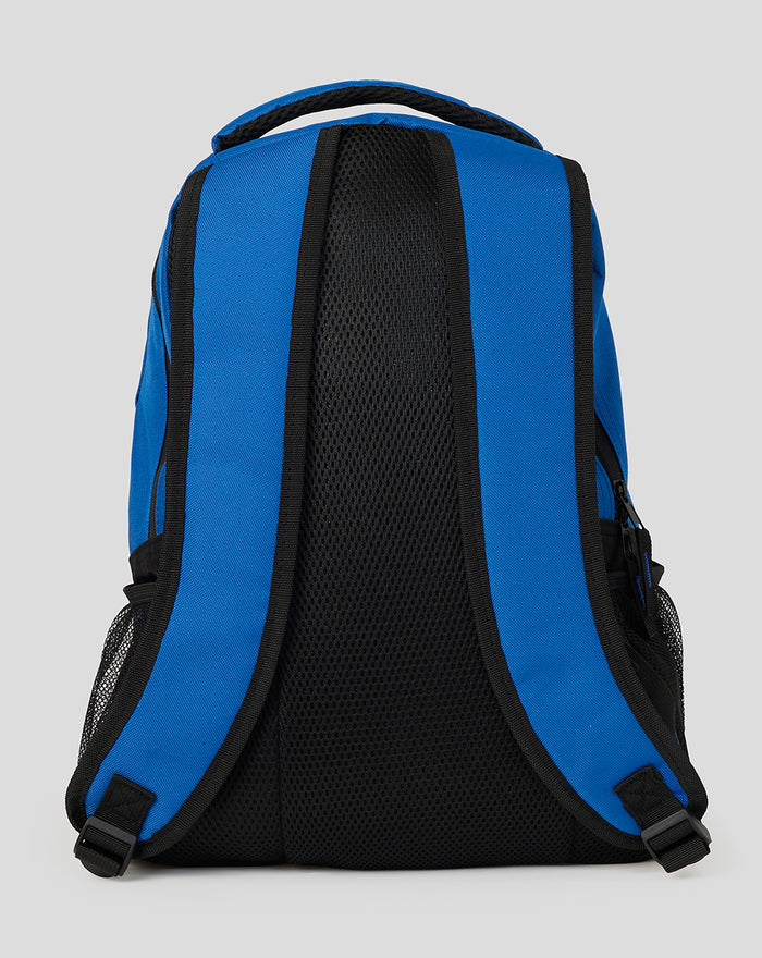 Back view of the blue Rangers FC Ultra Action Backpack showing padded black mesh back panel and straps
