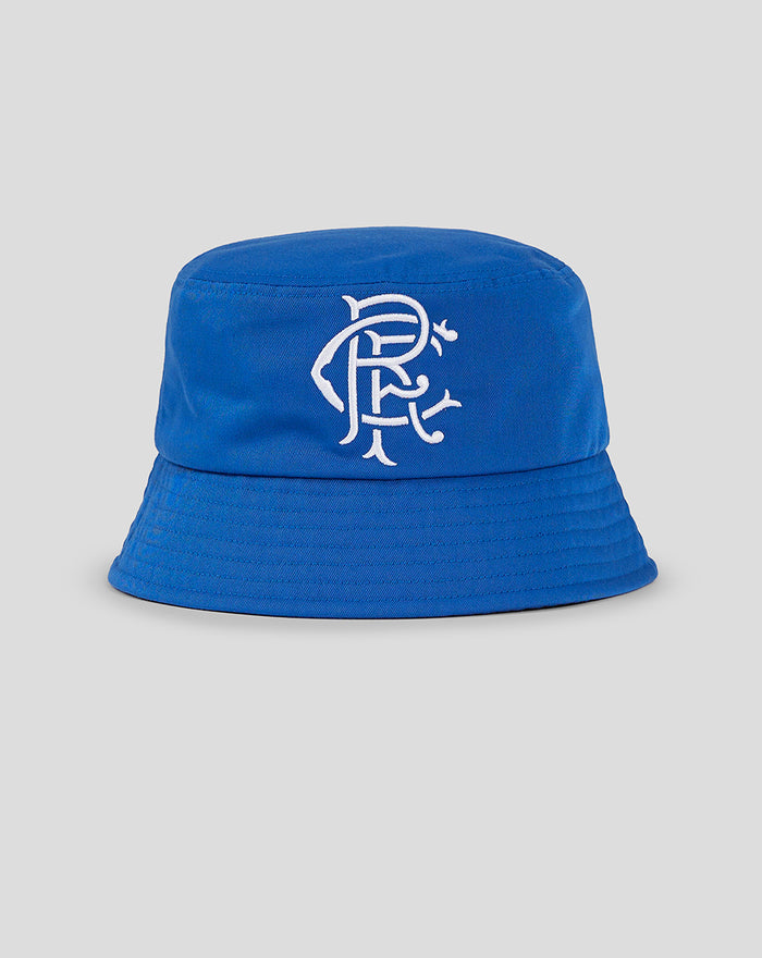 Blue bucket hat with white Rangers crest monogram.
