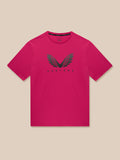 Man wearing pink ADAPT Short Sleeve Graphic T Shirt with Castore wings logo on chest