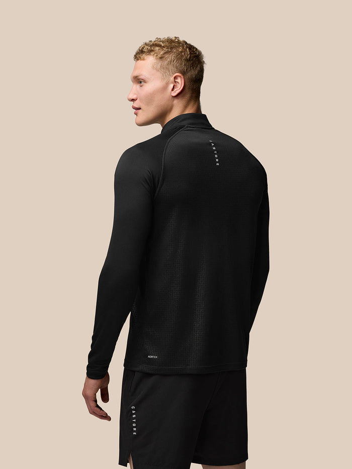 Back view of black Adapt Print long sleeve top with geometric pattern and upper back logo