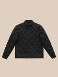 Full black padded jacket laid flat with stand collar and full-length zipper.
