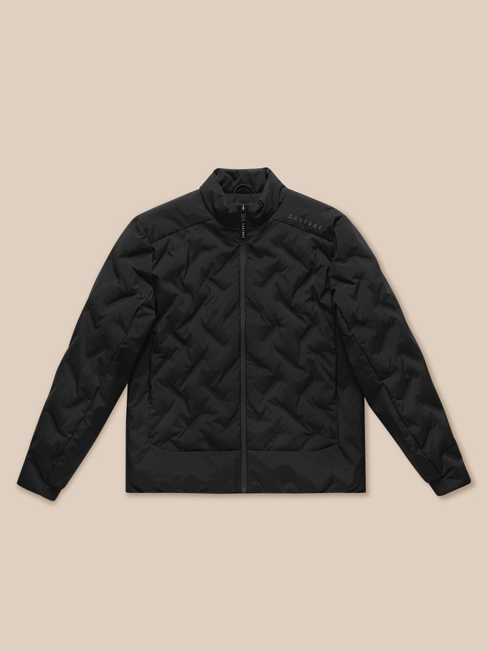 Full black padded jacket laid flat with stand collar and full-length zipper.