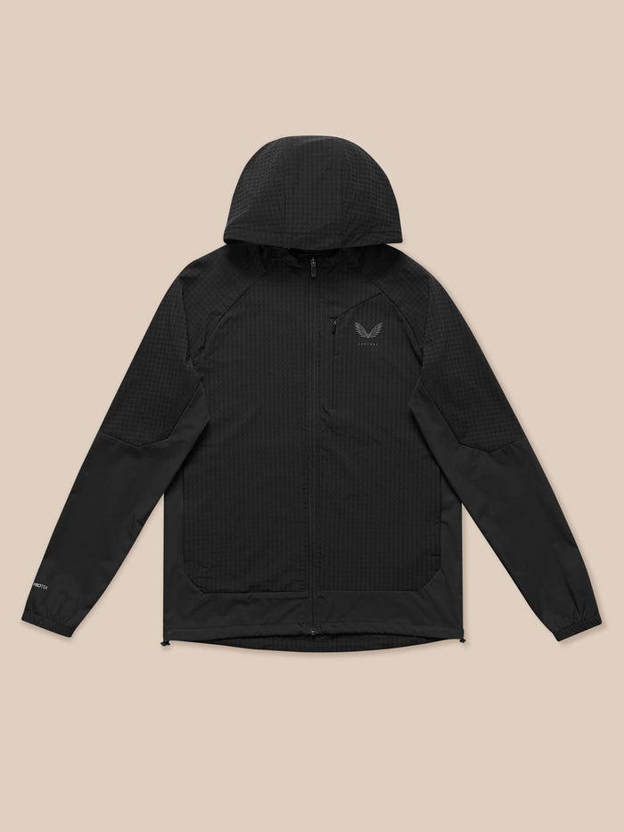 Black FLEX WINTERISED JACKET laid flat with hood and full front zipper