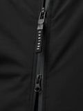 Close up of the front zipper with a CASTORE pull on the black jacket fabric.