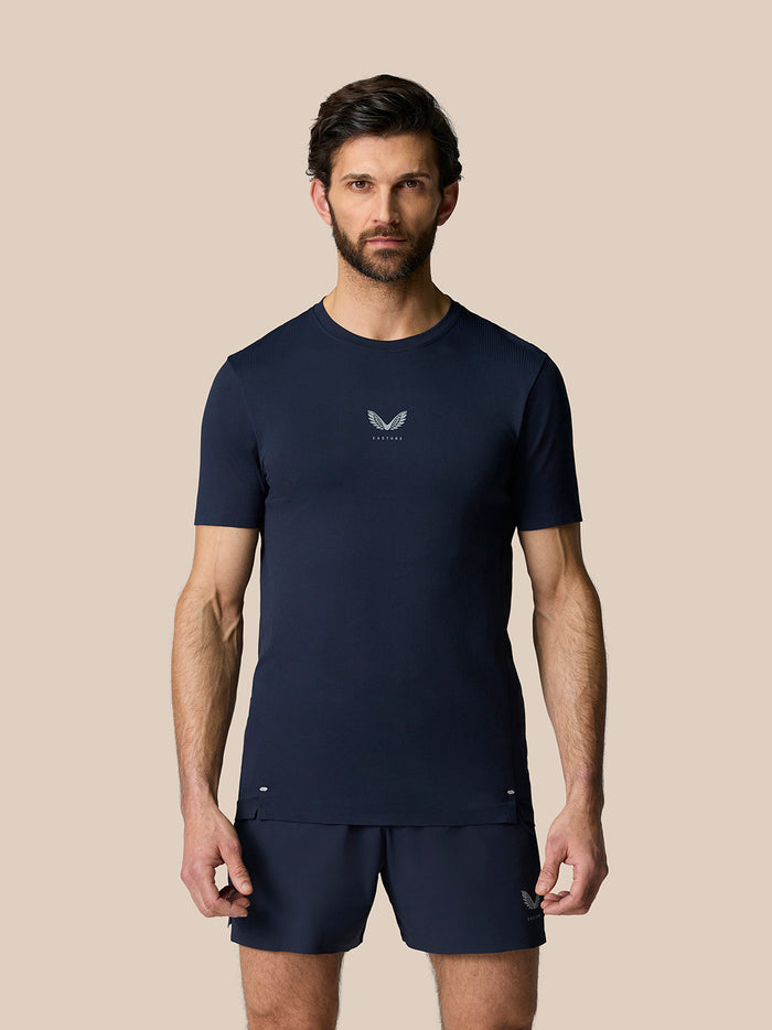 Male model wearing Zone Training T-Shirt Midnight Navy with chest logo.