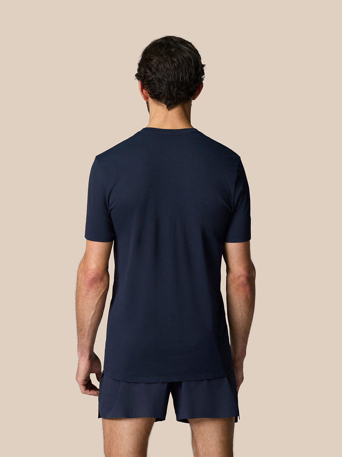 Back view of midnight navy Zone Training T Shirt showing ribbed upper back panel