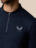 Close-up of navy Zone Training 1/4 Zip Top with front zipper and Castore logo on chest
