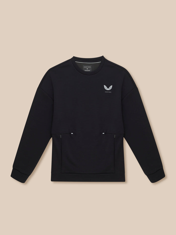 Black travel lifestyle sweatshirt with logo on left chest and front zip pockets