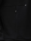 Close-up of black fabric with a centered zipper pull on a travel lifestyle sweatshirt.