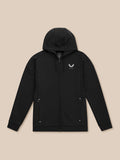Full front view of black travel hoodie with hood up and white Castore logo on the chest.