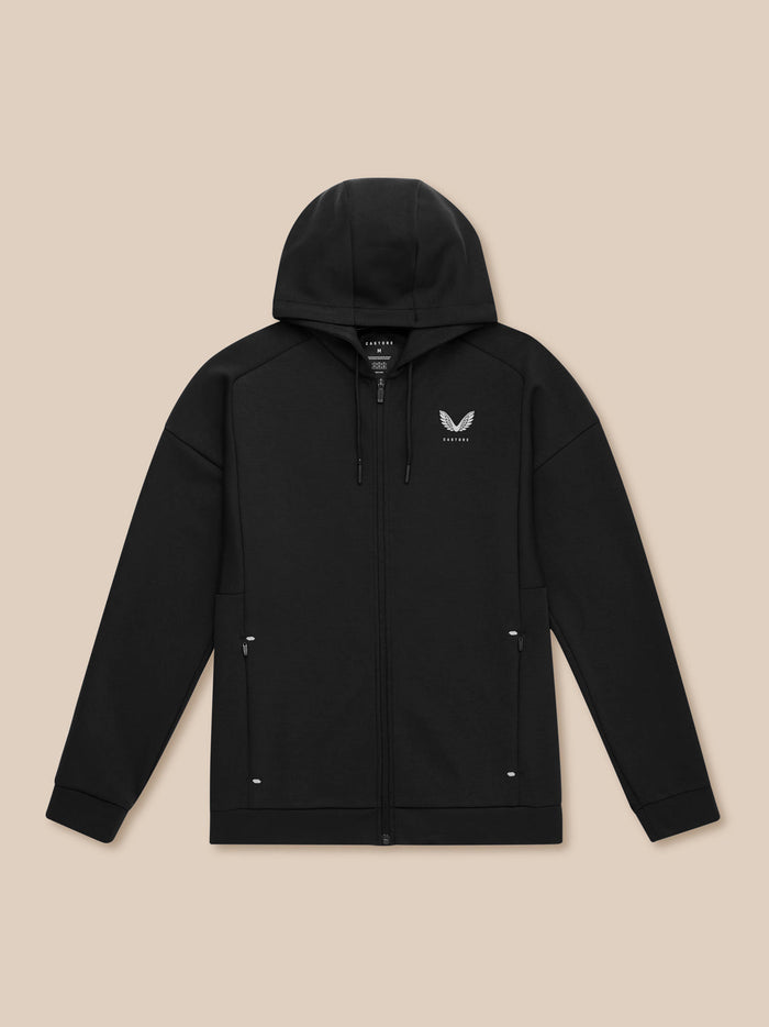 Full front view of black travel hoodie with hood up and white Castore logo on the chest.