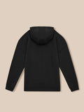 Back view of black travel lifestyle zip hoodie on a beige background