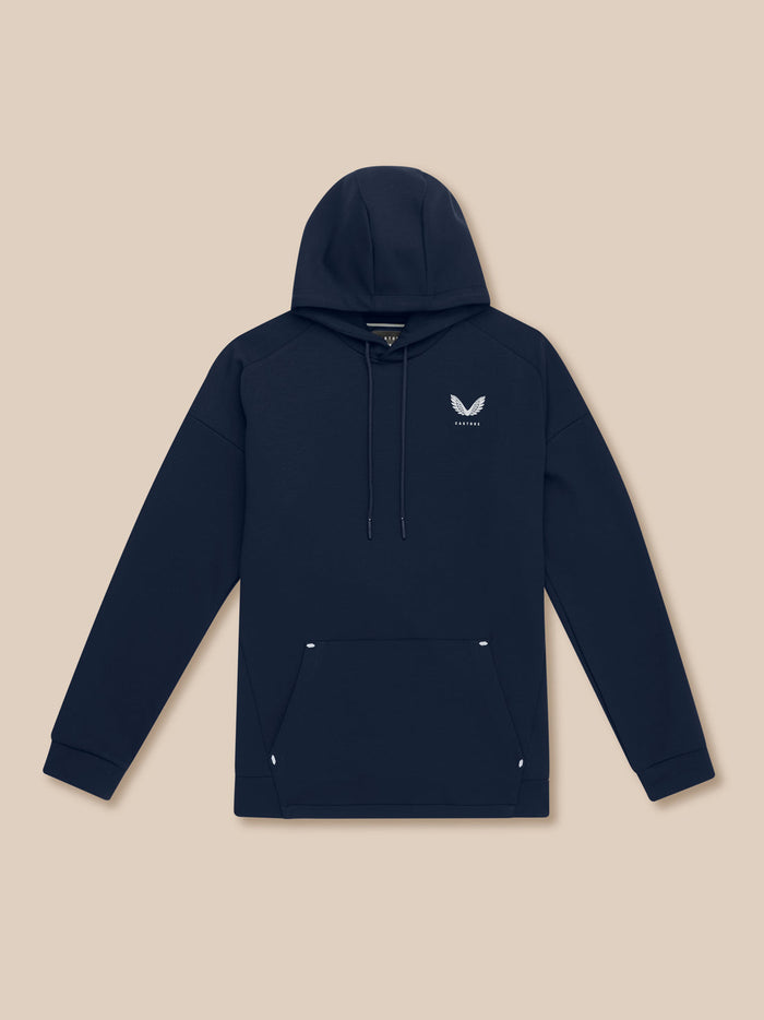 Navy Travel Lifestyle Hoodie with drawstring hood and Castore branding on left chest