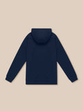 Back view of a navy travel lifestyle hoodie with a roomy hood and long sleeves