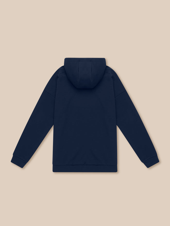 Back view of a navy travel lifestyle hoodie with a roomy hood and long sleeves