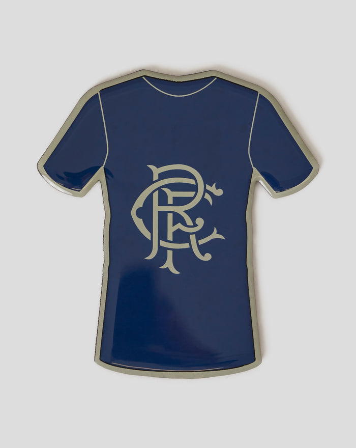 Rangers FC kit magnet in blue jersey shape with white trim and crest motif.