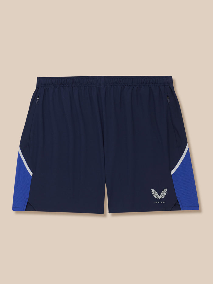 Apex Training 6 inch shorts in navy with zip pockets and Castore logo on left leg