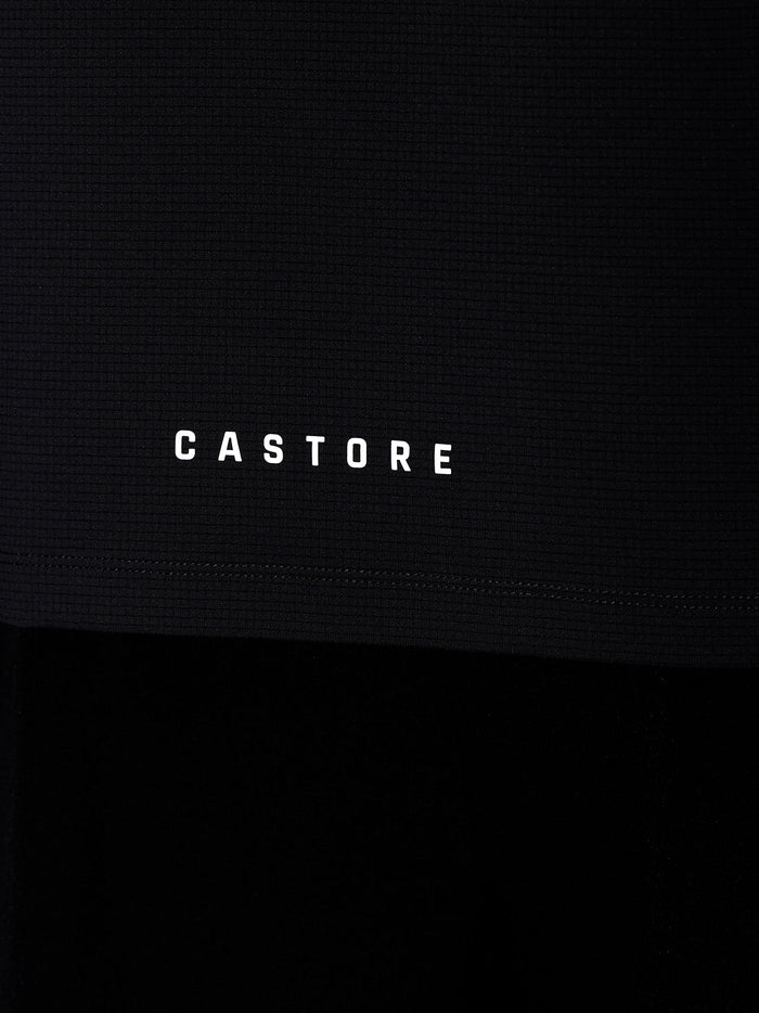 Close-up of black Apex Training T Shirt fabric with Castore logo