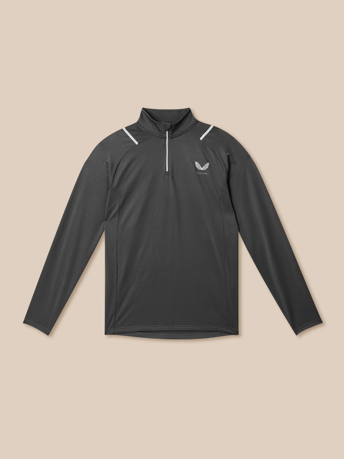 Charcoal Apex Thermal Winterised ¼ zip top laid flat with high collar and white zipper pull