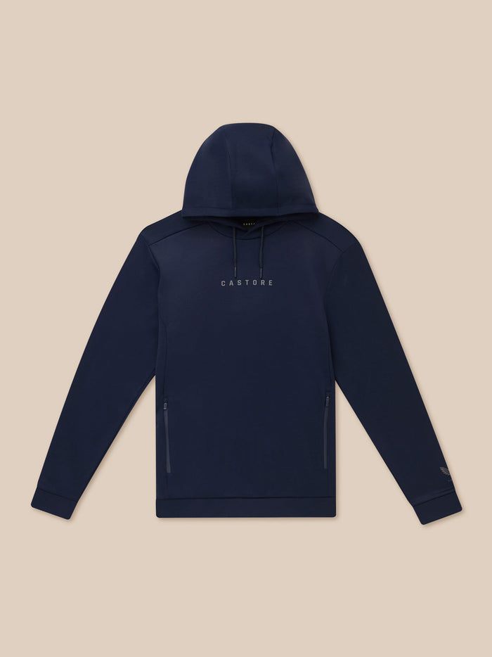 Flat lay of navy Flex Thermo Hoodie showing hood with drawstrings and zip pockets