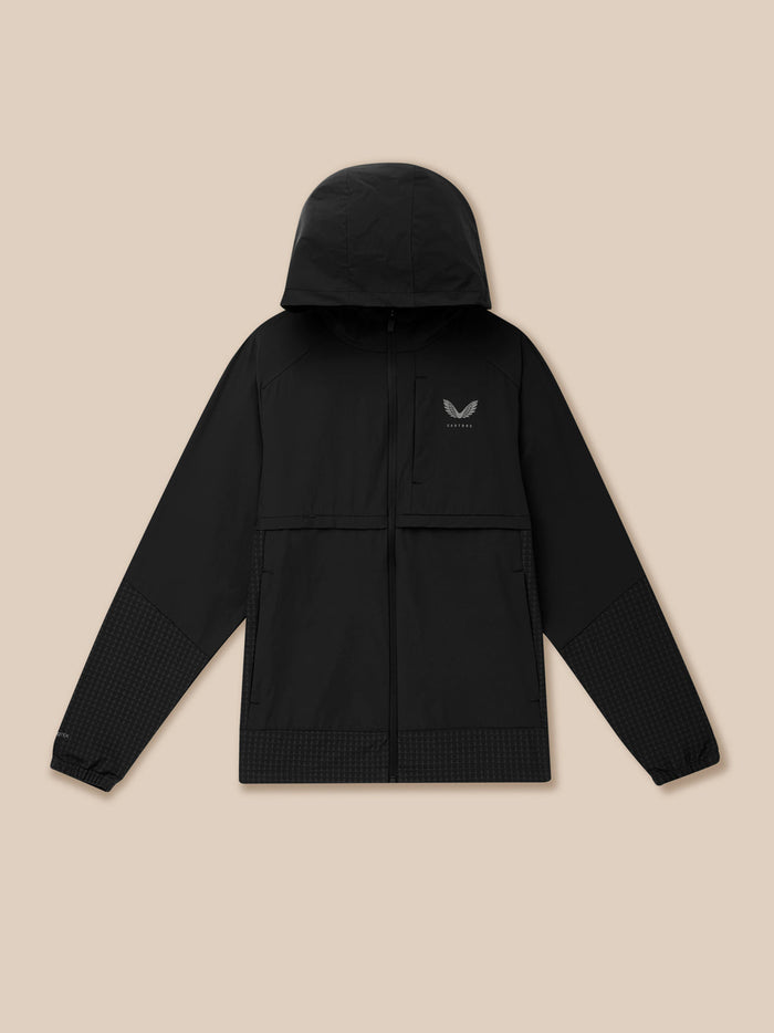 Black FLEX Winterised woven jacket with hood, full zip, left chest Castore logo, and textured hem and sleeve panels