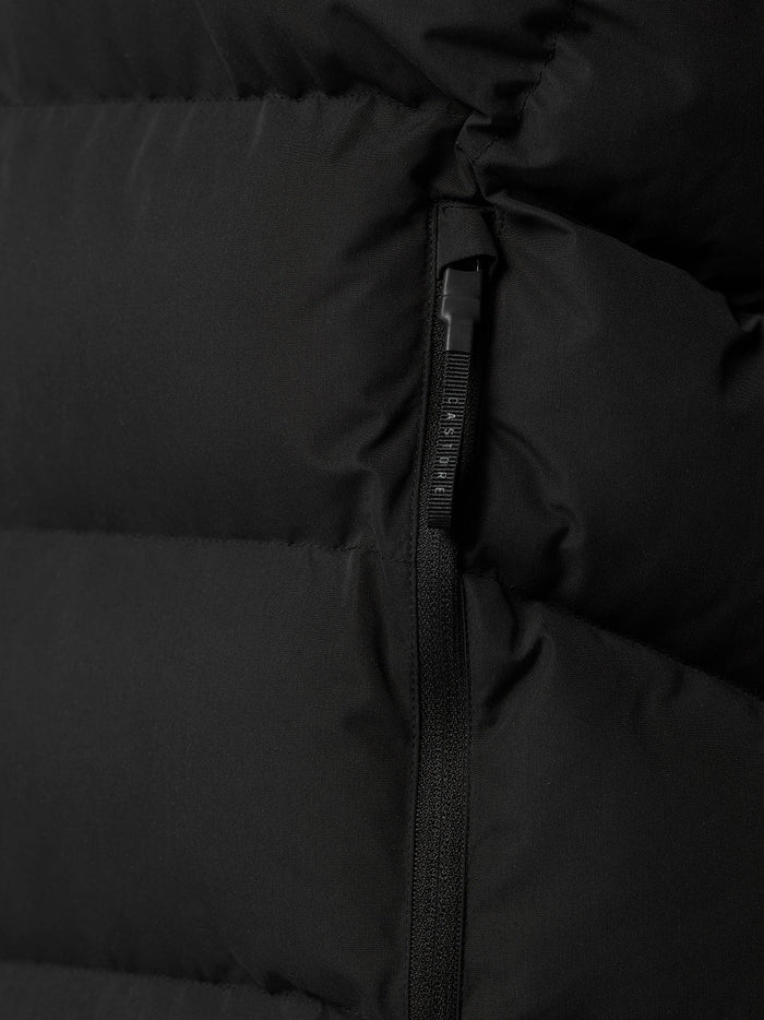 Close-up of center front zipper on black puffer gilet