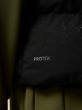 Water droplets on black ProTek fabric with olive green panel visible