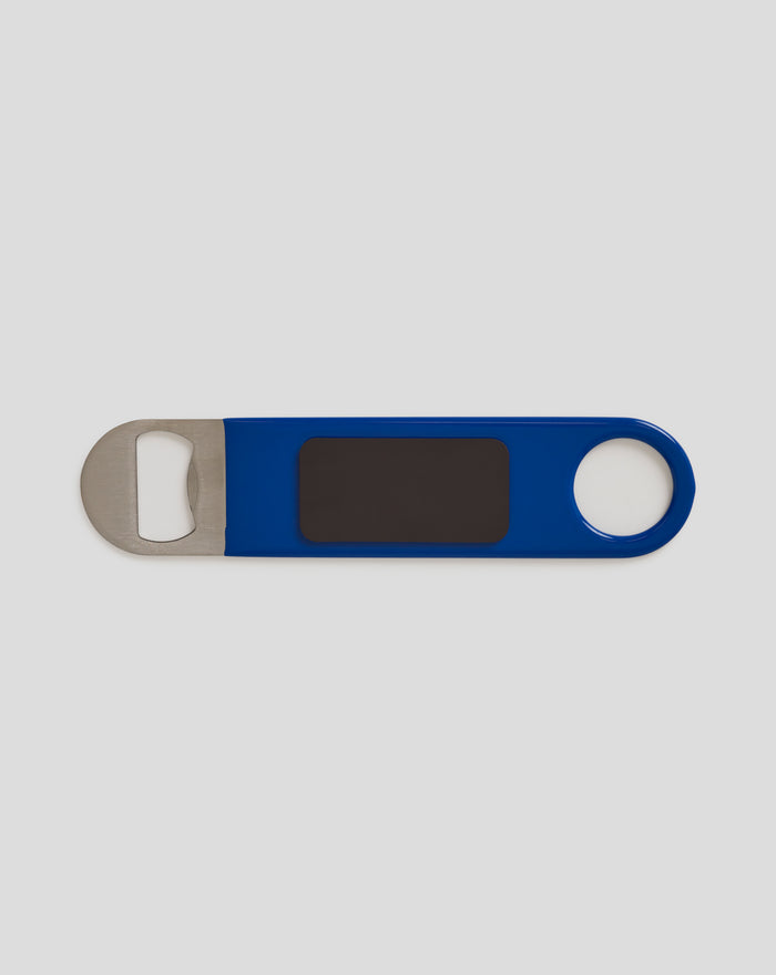 Rangers FC bottle opener magnet viewed from above showing blue plastic body and handle