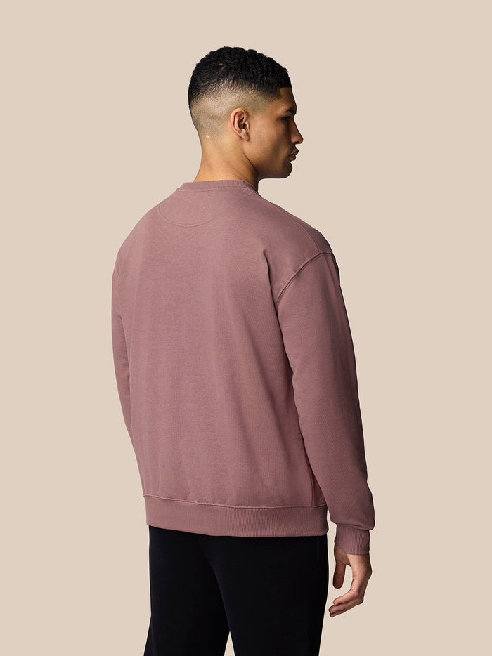 Back view of a mauve oversized cotton sweatshirt on a model