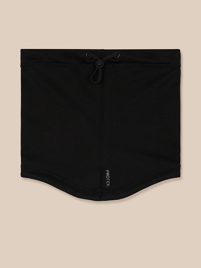 Black unisex core snood laid flat with a top drawstring and PROTEK branding along the bottom edge