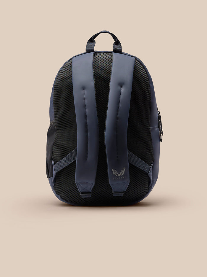 Navy Active Small Backpack viewed from the back showing padded shoulder straps, top handle and mesh back