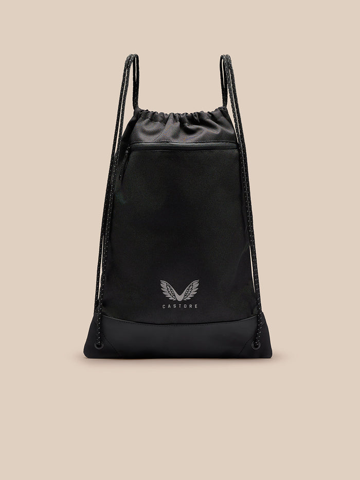 Front view of black Castore ACTIVE TRAINING GYMSACK with two braided cords and a logo at the base.