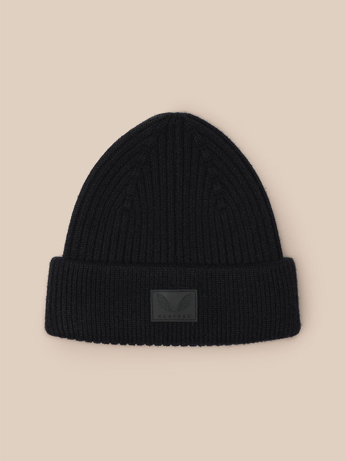 Black ribbed Castore beanie with folded cuff and front logo patch