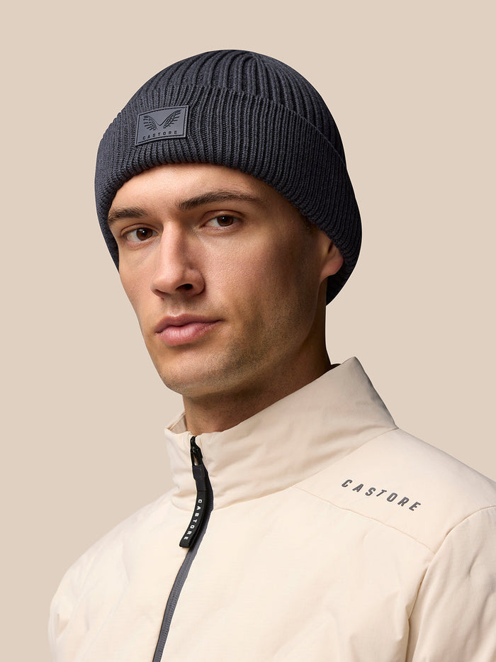 Grey Castore Active Beanie worn by a model