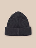 Close up of dark grey ribbed beanie with folded cuff and Castore patch.