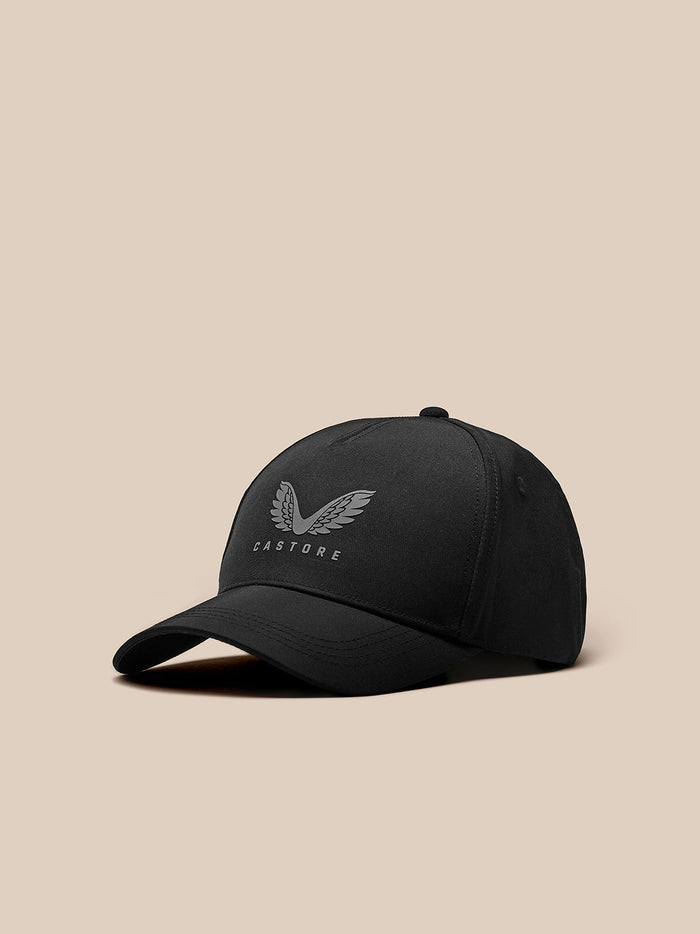 Black nylon unisex cap with Castore branding adjustable back fastener and halo eyelets