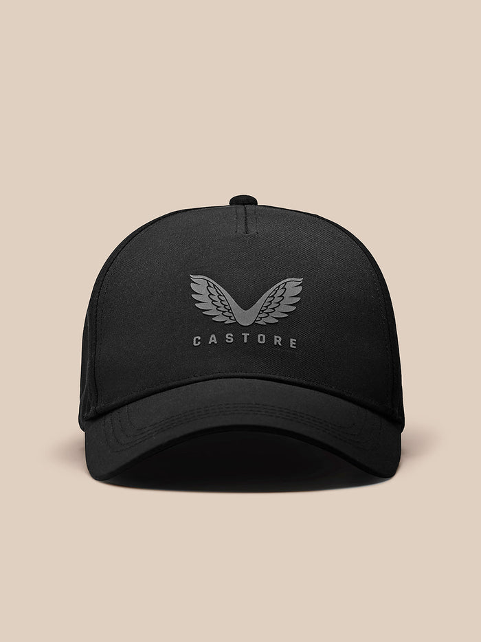 Front view of black nylon cap with Castore wing logo on the front panel