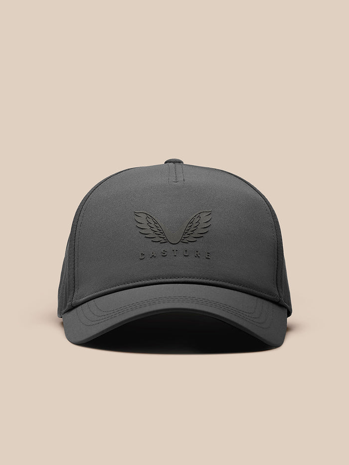 Front view of gunmetal cap featuring embossed wing crest and CASTORE branding.