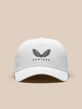 White Castore cap front view showing the winged logo on the crown and curved brim