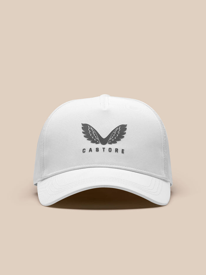 White Castore cap front view showing the winged logo on the crown and curved brim